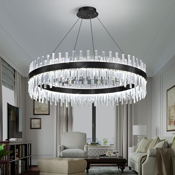 Glam Crystal Chandelier Interior Ring Chandeliers with Remote Dimmable LED Light Adjustable Hanging Lights Luxury Ceiling Pendant Lighting Fixtures for Living Dining Bedroom Foyer Black Light