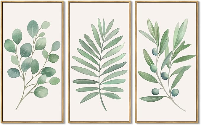 KUVIOKE Botanical Plant Wall Art Sage Eucalyptus Light Green Leaf Framed Wall Decor for Bedroom Living Room Bathroom Home Office Ready to Hang 8x10in3pcs Natural Framed