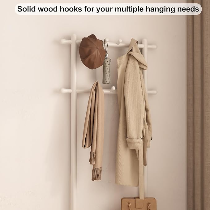 AQIMUELE Coat Rack with Shoe Storage, Narrow Wooden Hall Tree with Bench, 11 Hooks and 2-Tier Storage Shelves, 3-in-1, Entryway Bench with Coat Rack (23.6"-Deep White)