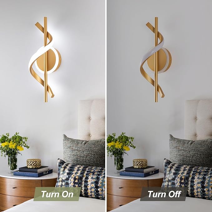 LED Wall Sconces Indoor, 12W LED Wall Mount Lights, Modern Spiral Wall Lamp, 6000K Cold Light Fixture for Stairs, Living Room, Bedroom, Aisle, Hallway (Cold White, Gold)