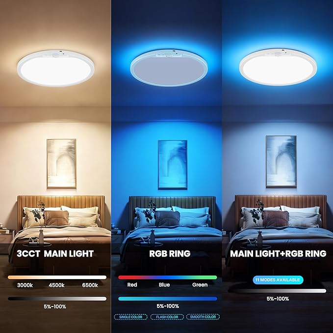 KINDEEP Bedroom Ceiling Light with Night Light: 12 Inch 10000mAh Rechargeable Ceiling Light with Remote, Dimmable 3 Colors & RGB, Wireless Motion Sensor Ceiling Lamp for Bedroom, Hallway, 1 Pack