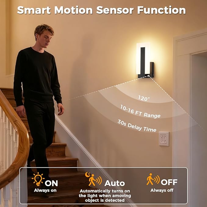 Joosenhouse Wall Sconces Set of Two Hardwired, Black Motion Sensor Wall Light Indoor, Modern Metal and Acrylic LED Wall Lamp 3000K Warm White for Hallway Bedroom Staircase