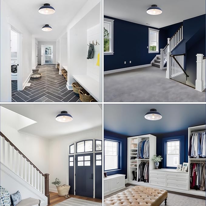 2 Pack 12 Inch Metal Semi Flush Mount Ceiling Light Fixture Industrial Small Ceiling Lights Kitchen Lighting Fixtures Ceiling with Navy Blue Shade for Hallway Entryway Bedroom Foyer Bathroom Laundry