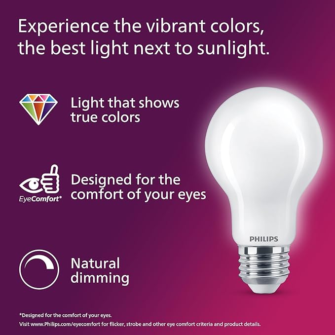 Philips LED 75W A19 8-Pack Ultra Definition Soft White (2700K) 1100 Lumen (9W = 75W) Dimmable Frosted Flicker-Free Light Bulbs