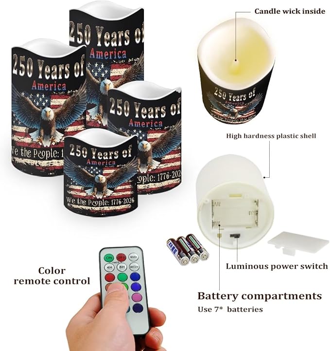 We the People Flameless LED Candles American Flag Bald Eagle Lamp Battery Operated Flickering Timer 250th Anniversary Candle Aesthetic Cozy Minimalist Home Decors Set of 4