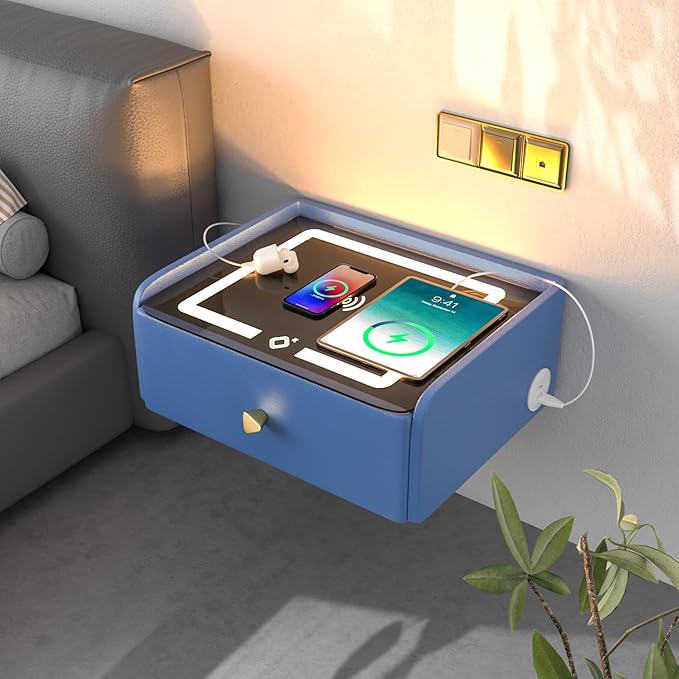 HOMEMORE Floating Nightstand with Charging Station Bedside Table LED Smart Bedside Table Wall Mounted Nightstand Blue
