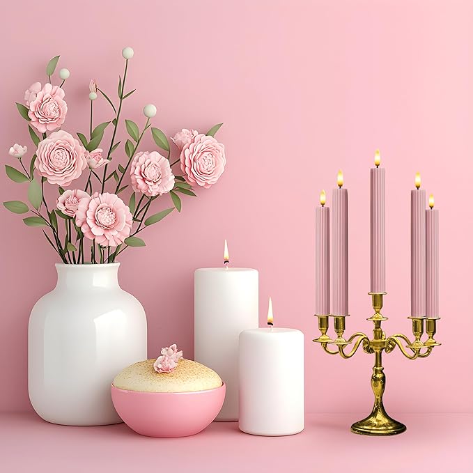 6 Pack, 10" LED Flameless Dusty Rose Fluted Ribbed Grooved Taper Candles, Remote & 24h Timer Memory, On/Off Button, Dimmable, Flicker Mode, Battery Operated, Christmas Menorah Wedding