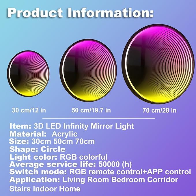 3D Infinity Mirror Light, 19.7" Circle LED Tunnel Wall Light with 358 LEDs, App & Remote RGB Color Changing Mirror for Gaming Room Decor, Party, Bar, Geometric Art Deco Wall Mounted