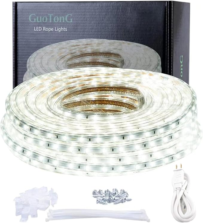 50ft LED Light Strip kit,Waterproof, 6000K Daylight White,110V 2 Wire, Flexible, 900 Units SMD 2835 LEDs,UL Listed Power Supply - Indoor Deck Patio Christmas Camping Decor