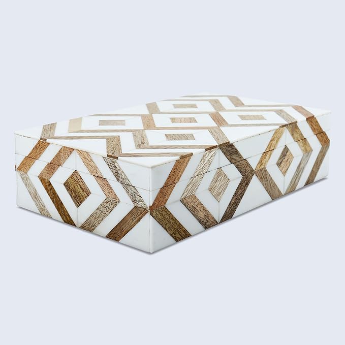 Handicrafts Home Decorative Storage Box with Lid Wooden Storage Organizer Box Multi Purpose Storage Box for Coffee Table Desk Shelf – Resin Inlay Marquet Array Collection- 10x6x2.5