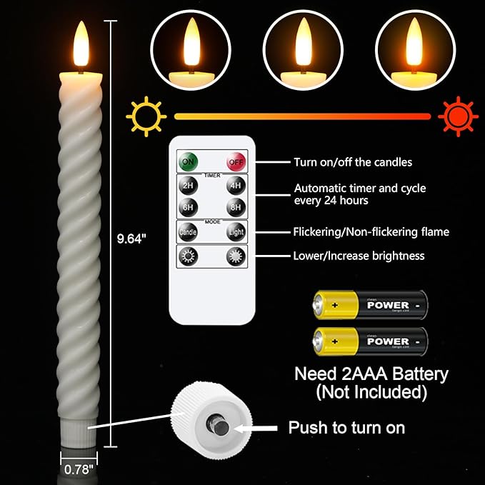 Wondise Flameless Taper Candles with Remote Timer, Real Waxy Battery Operated Flickering Spiral Candlesticks, 3D Wick LED Candles 9.6inch for Halloween Christmas Holiday Wedding Decoration (White