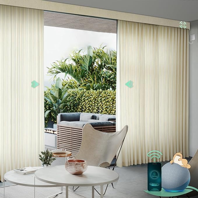 Yoolax Smart Retractable Curtain Compatible with Alexa and Google Home, Motorized Curtain Hardwired with Remote Customized Size (Linen Beige)