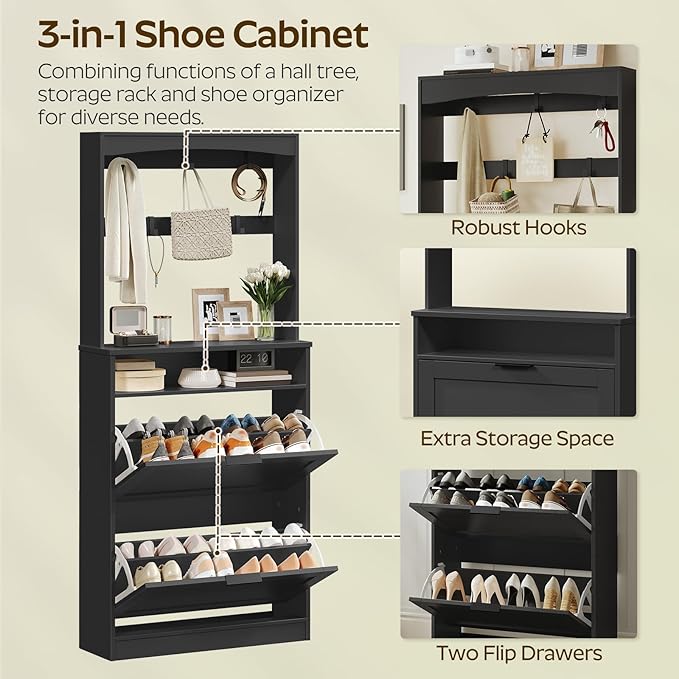Tall Shoe Cabinet with Flip Drawers and Coat Rack, Floor Standing Modern Shoe Storage Organizer, 2-in-1 Hall Tree with Movable Hooks and Open Shelves, for Entryway, Black SC01BKY1