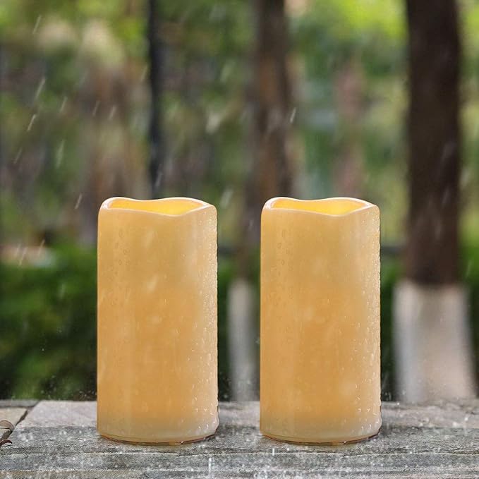 Amagic 3" x 6" Waterproof Outdoor Flameless Candles, Battery Operated Candles with Remote and Timer, Flickering LED Pillar Candle for Outside Patio Garden and Indoor Home Decor, Ivory, Set of 2