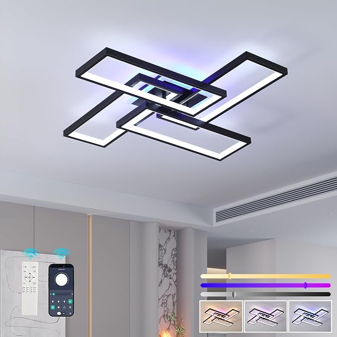 Modern Minimalist LED Flush Mount Ceiling Light Fixture - 50W Dimmable 3000-6000K Black with Remote & APP Control for Bedroom, Living Room, Kitchen, Balcony