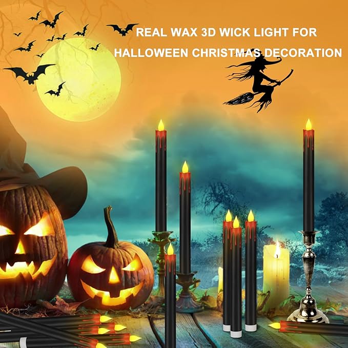 Flameless Taper Candles 10.6" Dripless Battery Operated Taper Candles Included Remote Timer 400+ Hours by 2AA Batteries for Halloween Christmas Wedding (Black+Burgundy, 6 Pack)