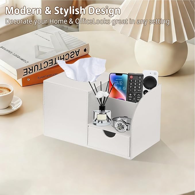 PUSU Square Tissue Box Cover with Storage Drawer, PU Leather Facial Tissues Cube Boxes Holder, Modern Makeup Remote Control Holder, Nightstand Organizer Caddy for Bathroom Vanity, Office, Home Decor