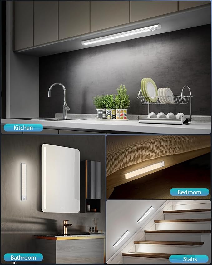 10.5" Under Cabinet Lighting, Wireless Motion Sensor Light Indoor with 3 Color Temps, Magnetic Closet Light, Dimmable Led Light, Rechargeable Under Counter Lights for Kitchen, Bedroom, Stair, 2 Pack