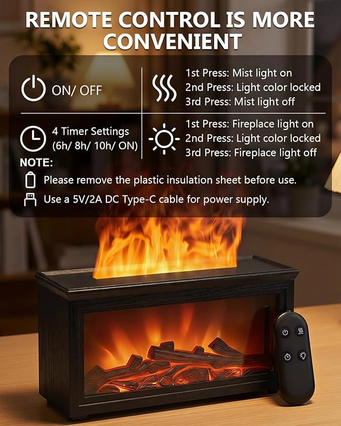 Essential Oil Diffuser, 7-Color Fireplace Fire Flame Aromatherapy Humidifier, 280ml Ultrasonic Aroma Diffuser Valentine's Day Gift with Time Sets and Remote Control for Bedroom Home Yoga Office
