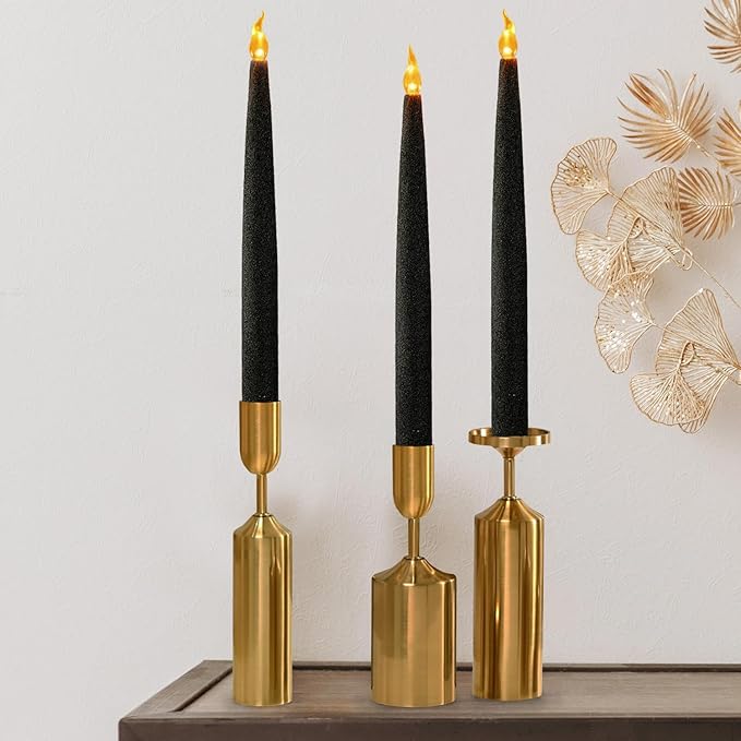 FURORA LIGHTING Black Glittery LED Taper Candles Pack of 2, Flameless Flickering Taper Candles with Timer for Home Décor Holiday Décor, Battery Operated