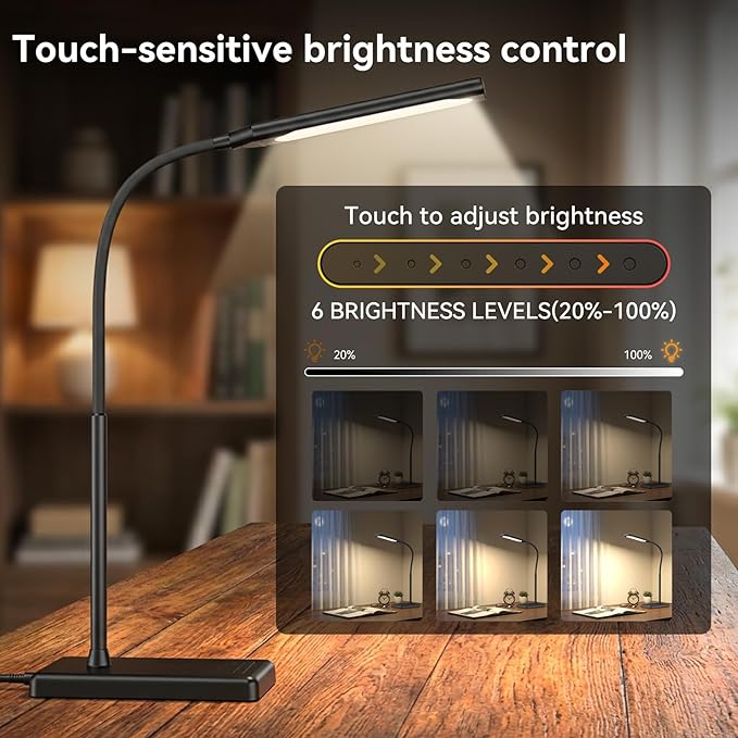 LED Desk Lamp Touch Control Desk Lamp with USB Charging Port 5 Color Modes 6 Brightness Levels Dimmable Eye-Caring Office Lamp with Memory Function 1h Timer Adjustable Neck Table Lamp