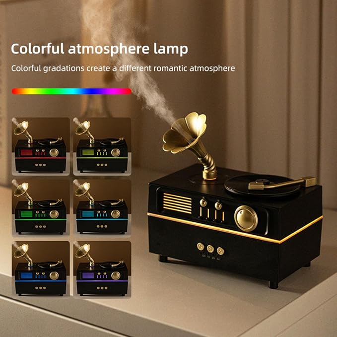 Daroma Essential Oil Diffuser, Retro Phonograph Design with Music Player, 7-Color LED Lights, Low-Noise Aromatherapy Humidifier for Home Office, Unique Gift Idea (Black)