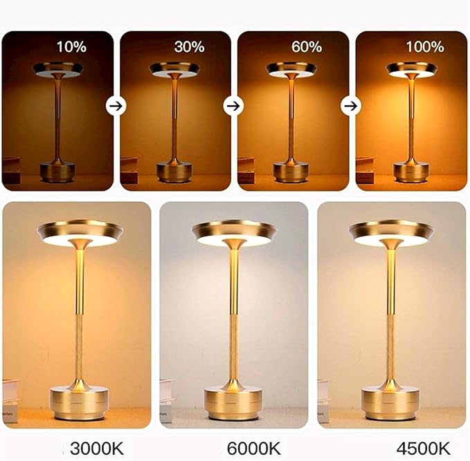 Cordless LED Table Lamp, Rechargeable Touch Control Desk Lamp Battery Operated Nightstand Night Light with Dimmable Brightness for Living Room, Home Office, Restaurant (Gold)