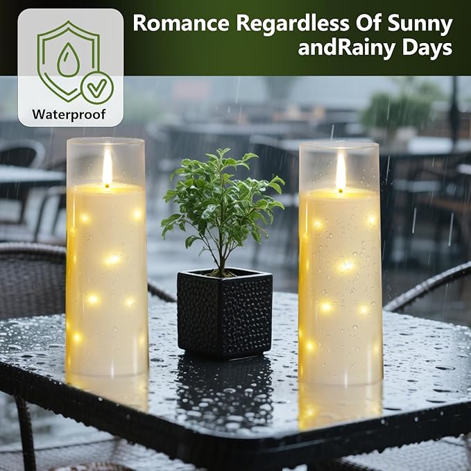 11" x 4" Large Outdoor Waterproof Flameless LED Candles with Remote and Timer,Acrylic Pillar Candles Battery Operated with Embedded Star String for Porch,Patio,Outdoor Decor,Set of 2(Ivory)