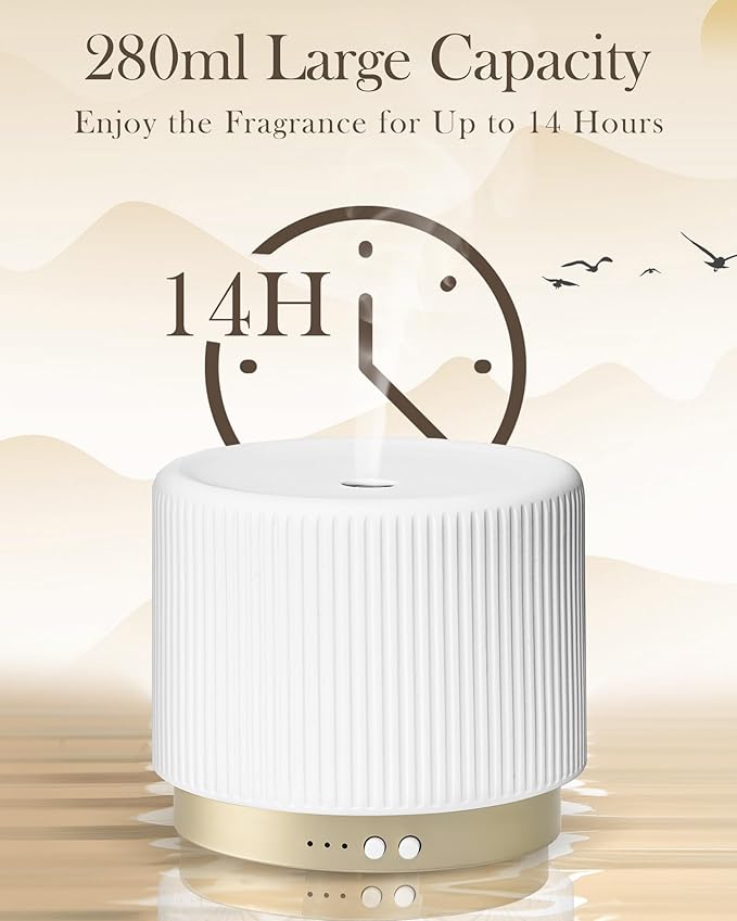 Essential Oil Diffuser -280ml Ceramic Diffuser for Large Room&Commercial Use, 2.4MHz Cool Mist Humidifier & Independent Decorative Light & Aromatherapy Diffuser, Pulse&Continuous Mist, Timer, Auto-Off