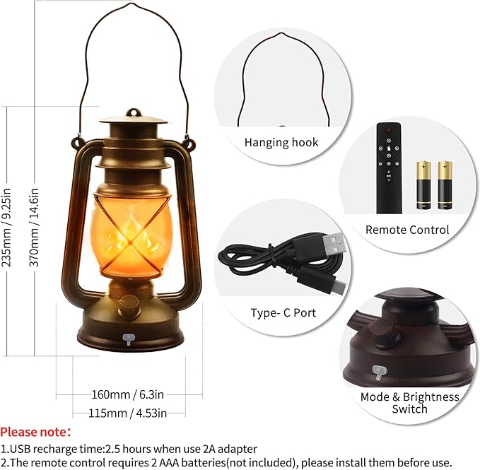 2 Pack Bronze Vintage 4 Modes LED Lanterns，Rechargeable Flickering Flame Lights Decorative Outdoor&Indoor, Remote Control Waterproof Hanging Lantern for Camping,Patio Garden Pathway
