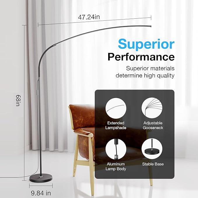 Floor Lamp with Remote and Touch Control, 68 Inch Adjustable Standing Lamp, 3 Color Temperature Dimmable LED, Flexible Gooseneck for Reading, Living Room, Office