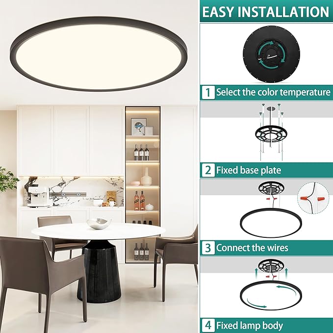 24 Inch LED Flush Mount Ceiling Light,56W Ultra-Thin Modern Round Light Fixture with Remote,Dimmable 3000K-6000K,Black,5600LM,Memory & Night Light Mode for Bedroom, Kitchen,Living Room