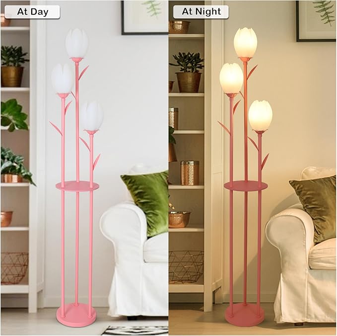 Pink Floor Lamp for Bedroom, 3-Light Flower Floor Lamp with Table, Corner Standing Lamps for Living Room, Tall Flower Lamp for Office, Girls Room, Unique Lighting Decor (Bulbs Included)