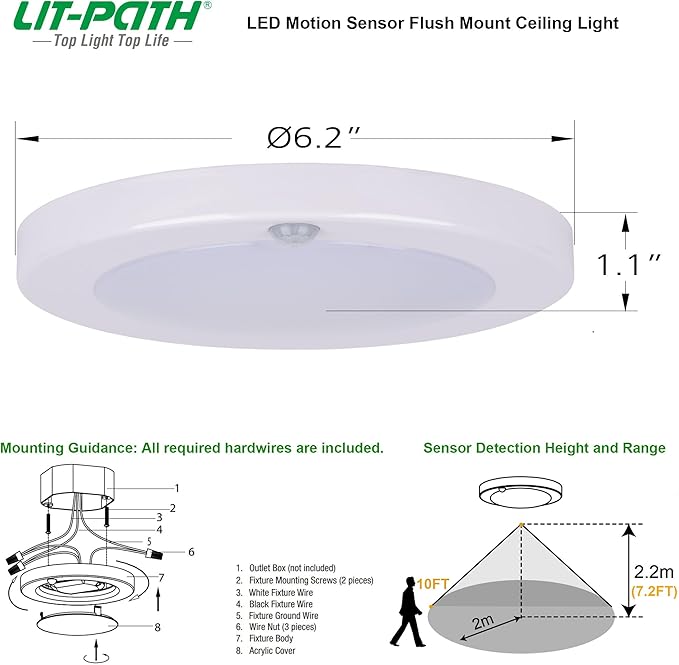 LIT-PaTH LED Flush Mount Ceiling Light, Closet Lighting Fixture with Motion Sensor, 10.5W, 700 Lumen, 6.2 Inch, Anti-Rust Galvanized Housing, White Finish 3000K 2-Pack