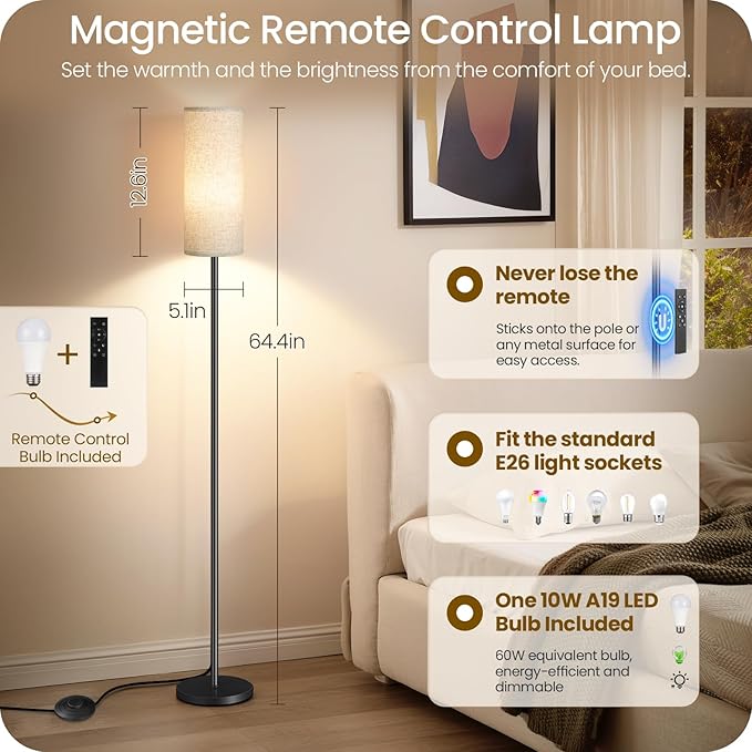 64.4” Dimmable Floor Lamp for Living Room with Remote and Foot Switch, Modern Standing Tall Lamp, Corner Floor Lamp for Bedroom, 10W 900LM LED Bulb Included, 3000K-6500K, Beige, FCC Listed E06LD05W1