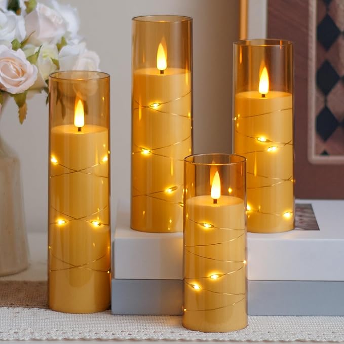 Flameless Flickering 2.2" x5" 6" 7" 8" 8" Candles, LED Battery Operated Gold Clear Plastic Timer Pillar Realistic Wick Candles (Long Lasting 500 Hrs, Pack of 5)