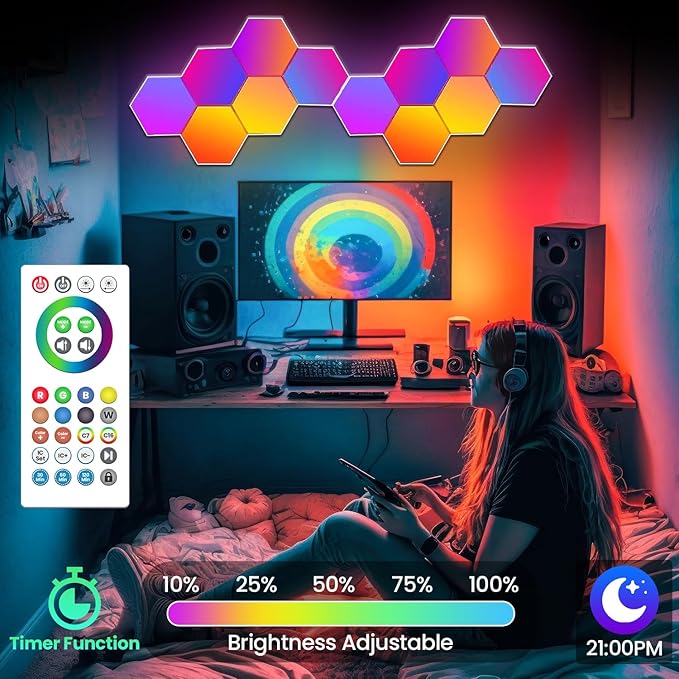 12-Pack RGB Hexagon Wall Panels - Hexagon Lights with APP & Remote-Control, Cool Music Sync - Multicolor 12PCS for Gaming Room, Living Room & Bedroom