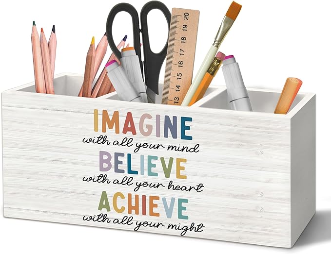 Boho Motivational Pen Holder Organizer for Desk Accessories, Imagine Believe Achieve Positive Wooden Box Sign Desk Decorations for Classroom Office Decor, School Counselor Must Haves