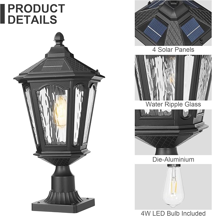 Black Solar Outdoor Post Light Fixture 21 inches Large Dusk to Dawn LED Pole Lamp Waterproof Exterior Pillar Lantern Post Lighting Remote Control for Pathway Garden Patio Gargae