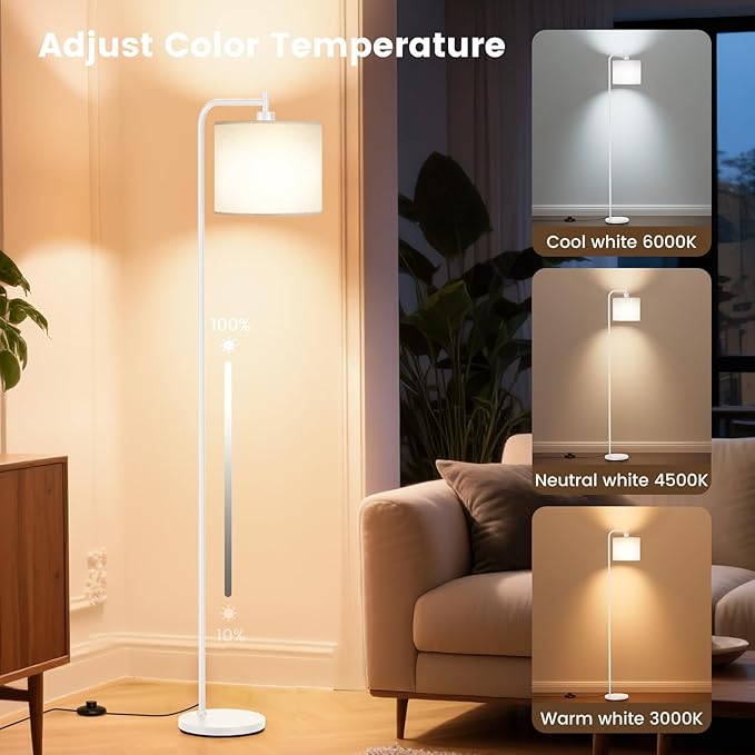 Floor Lamp with Linen Shade, Dimmable Tall Standing Lamp with Remote Control & 3 Color Temperatures, Modern Corner Floor Lamps for Living Room Bedroom Office, 9W LED Bulb Included
