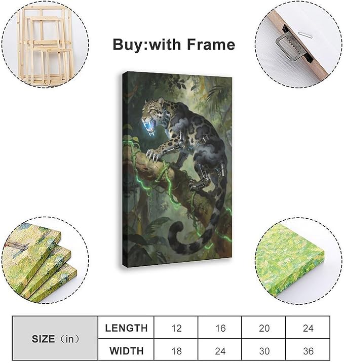 Framed Steampunk Mechanical Leopard Wall Art - Jungle Futuristic Beast Poster for Man Cave Living Room Decor 24x36inch(60x90cm)