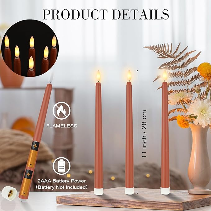 Macarrie 24 Packs Flameless Taper Candles Battery Operated Fake 11 Inch Long Candlelight LED Flameless Candlesticks Flickering Tapered for Spring Summer Wedding(Brown)