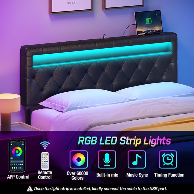 GREENSTELL Headboard for Full Size Bed with 60,000 DIY Color of LED Light, USB & Type C Post, Attach Frame, Height Adjustable, Black Wall Mounted Head Boards Only, Sturdy & Stable, Comfortable, Full