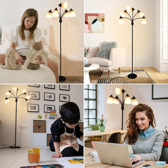 DLLT Modern Floor Lamp for Room: 5-Light Flexible Gooseneck Black Floor Lamps Standing for Living Room Bedroom Home Study Room Office - Tall Tree Floor Lights Adjustable Metal Multi Head E26 Base