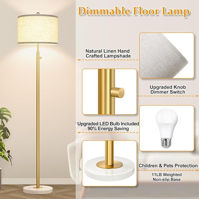 【Upgraded】 Dimmable Floor Lamp for Living Room, 11W LED Bulb Included, Modern Standing Lamp with Marble Base, Tall Pole Light with Linen Shade for Bedroom Reading Office Corner Nursery-Brass Gold