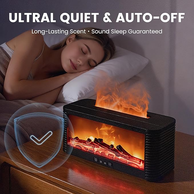 Flame Fireplace Aroma Essential Oil Diffuser, 250ml Ultrasonic Aromatherapy Humidifier with 9 Color LED Lights & Timer, Fireplace-Style Cool Mist Air Diffuser for Home Bedroom Office Yoga