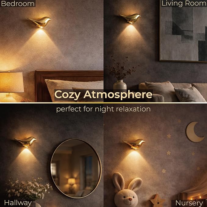 Golden Motion Sensor Night Light Indoor, Magnetic Wall Lamp, Rechargeable LED Bird Lamp, Wireless Stick On Light with Warm Soft Glow, Auto On/Off for Bedroom, Hallway, Stairs