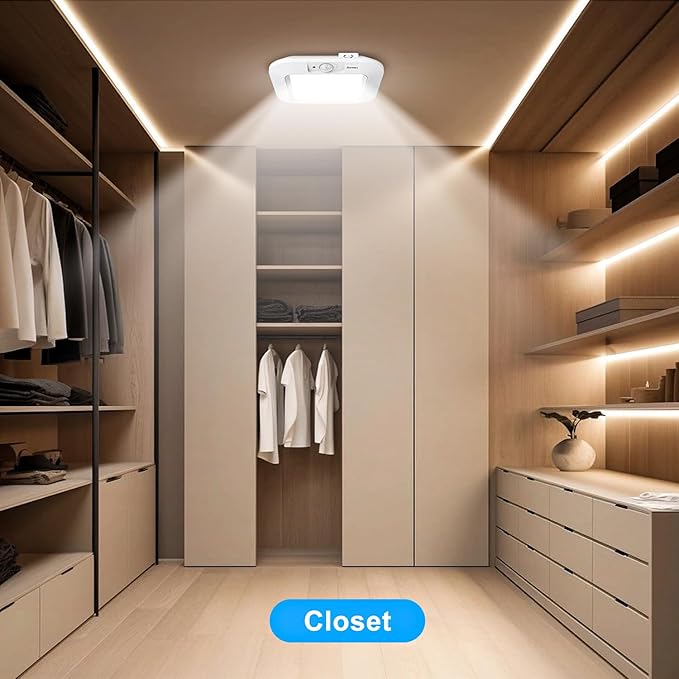 2 Pack Battery Operated Ceiling Light Motion Sensor Shower Light, Wireless Closet Lights 6000K LED Bathroom Shower Lamp, Motion Activated Ceiling Lamp for Bathroom Closet Cabinet(Battery Not Included)