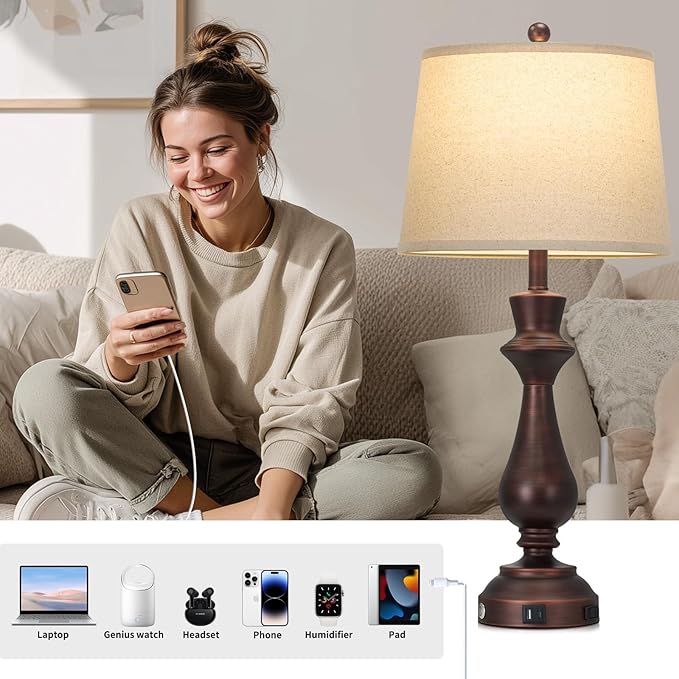 Touch Lamps for Night Stands Set of 2-29.5" Tall Bedside Lamp with USB C+A, 3 Way Dimmable Bedroom Lamps, Vintage Brown Table Lamps for Living Room