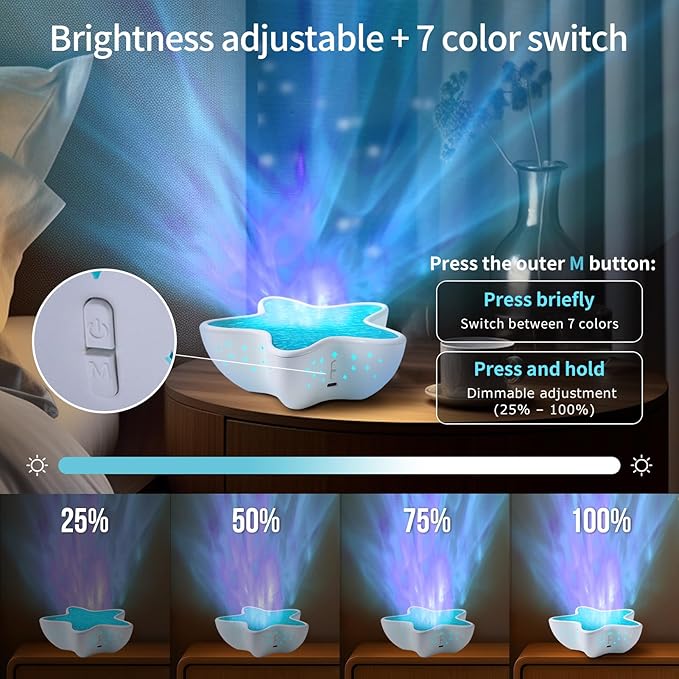 Starfish Northern Lights Projector, 7 Color Modes 3D Ocean Wave Night Light, Water Ripple Star Projector for Bedroom, Aesthetic Room Decor, Unique Birthday Gifts for Women Kids Teen Girls